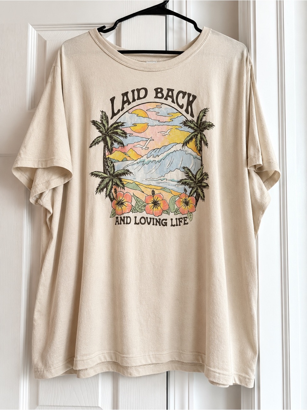 Old Navy Beige Graphic Tee with Tropical Sunset